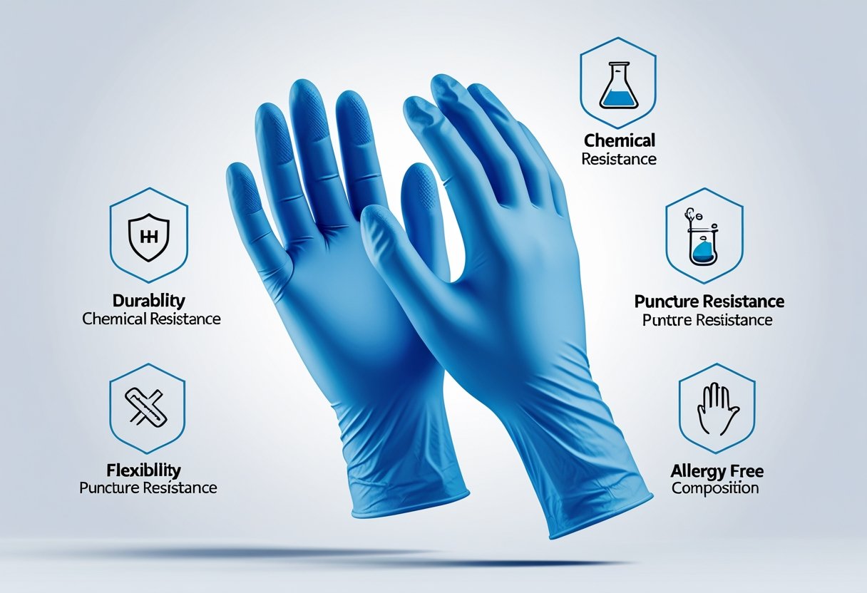 Affordable Nitrile Gloves Essential Uses, Benefits, And Safety Insights An illustration of a pair of blue nitrile gloves surrounded by icons representing their durability, chemical resistance, puncture resistance, flexibility, and allergy-free properties.